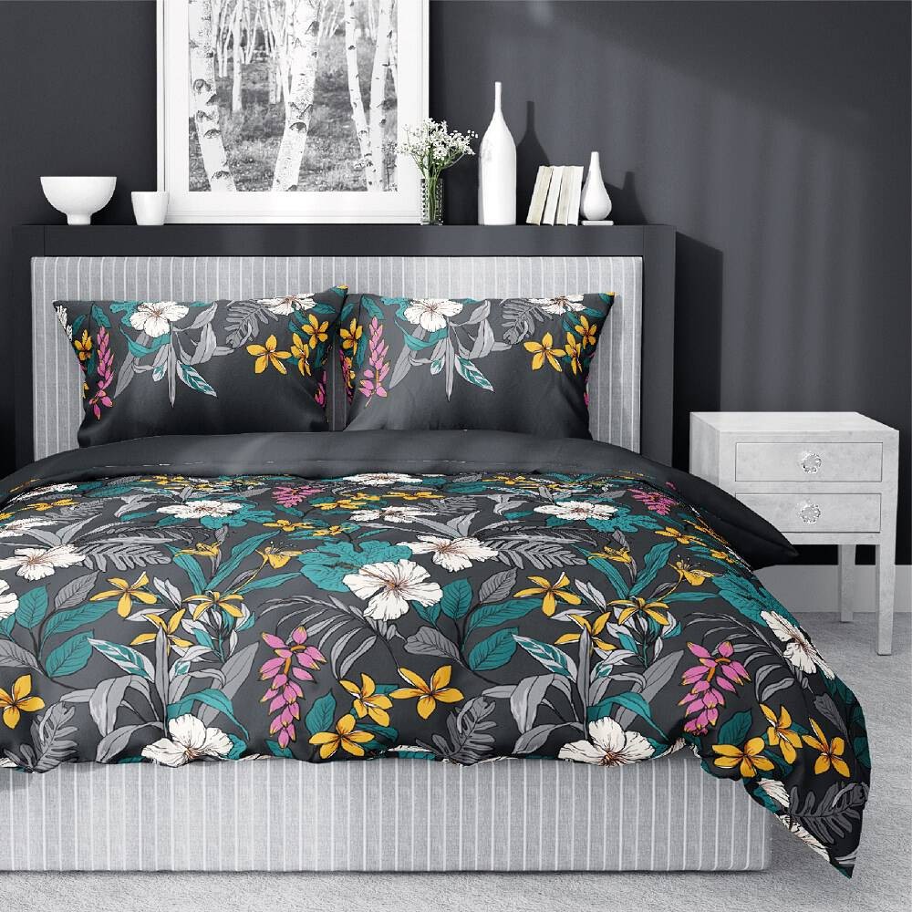Pościel Satynowa Home Satin 140x200 Kwiaty Liście Grafit 