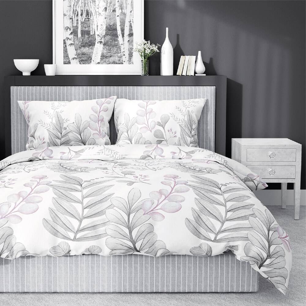 Pościel Bawełna Satynowa HS 160x200 Liście Biel 3987-B