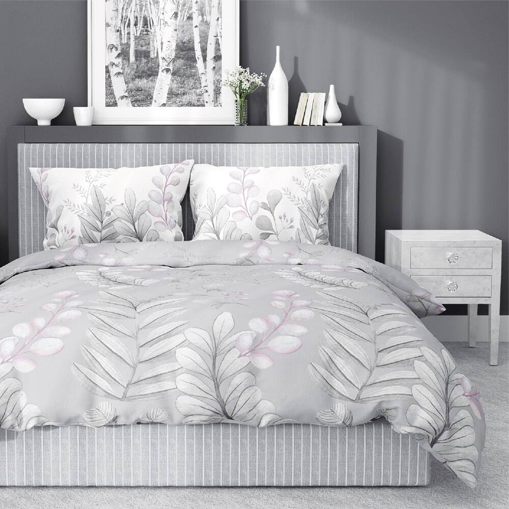 Pościel Bawełna Satynowa HS 160x200 Liście Popiel 3987-A