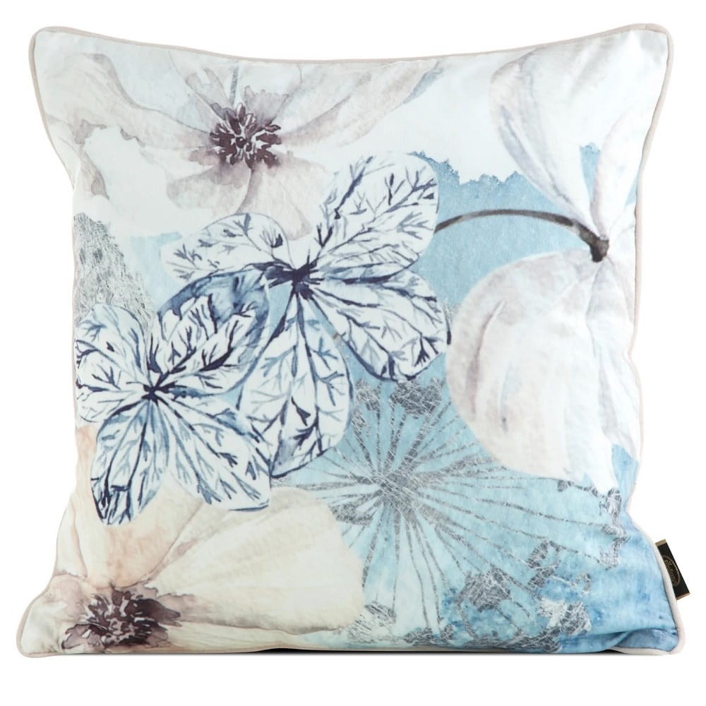 Poszewka Dekoracyjna 45x45 Velvet Kwiaty Niebieski Beż 126