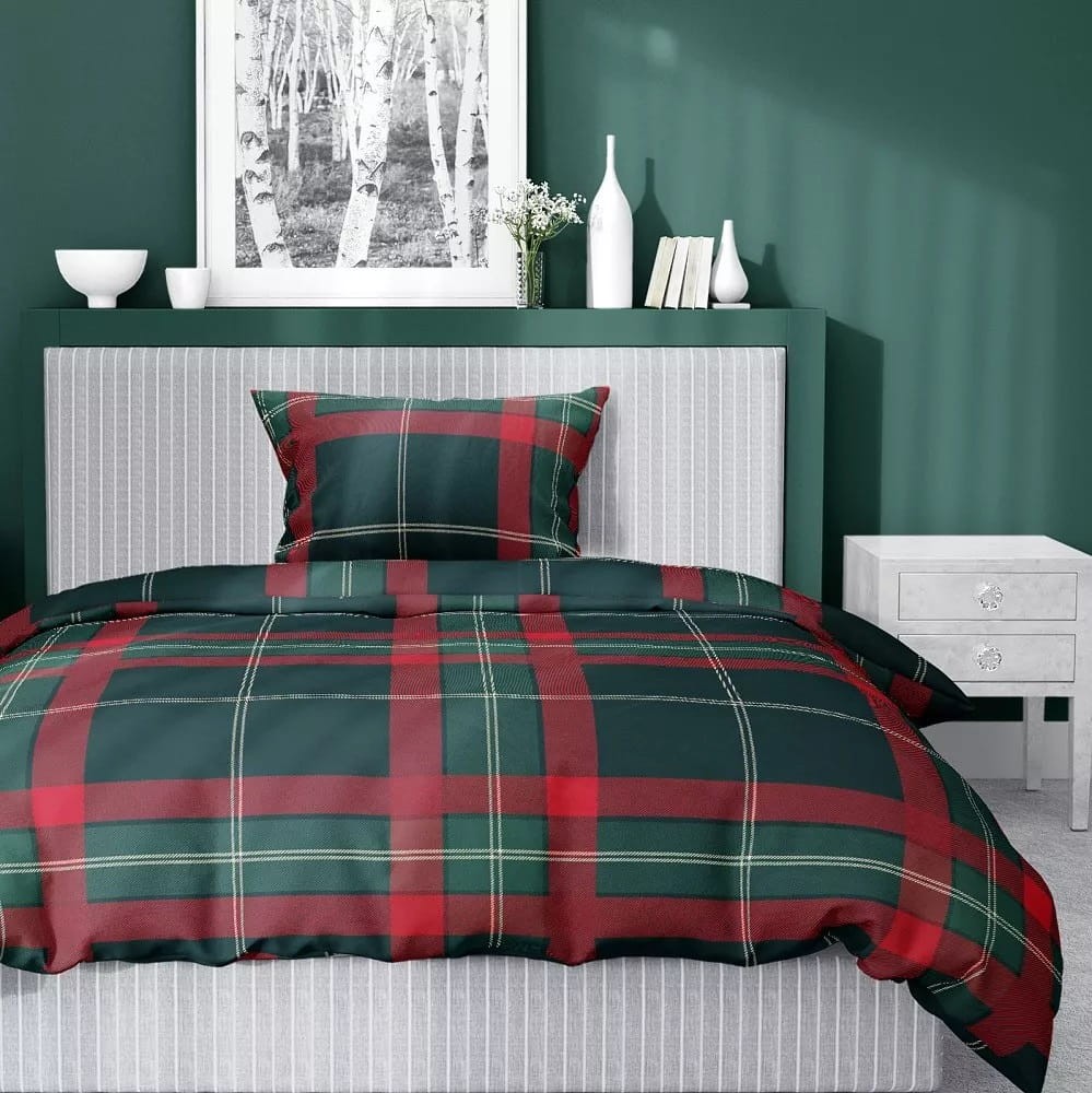 Pościel Świąteczna Satyna Bawełniana 140x200 Kratka Zielona Czerwona 5229 A