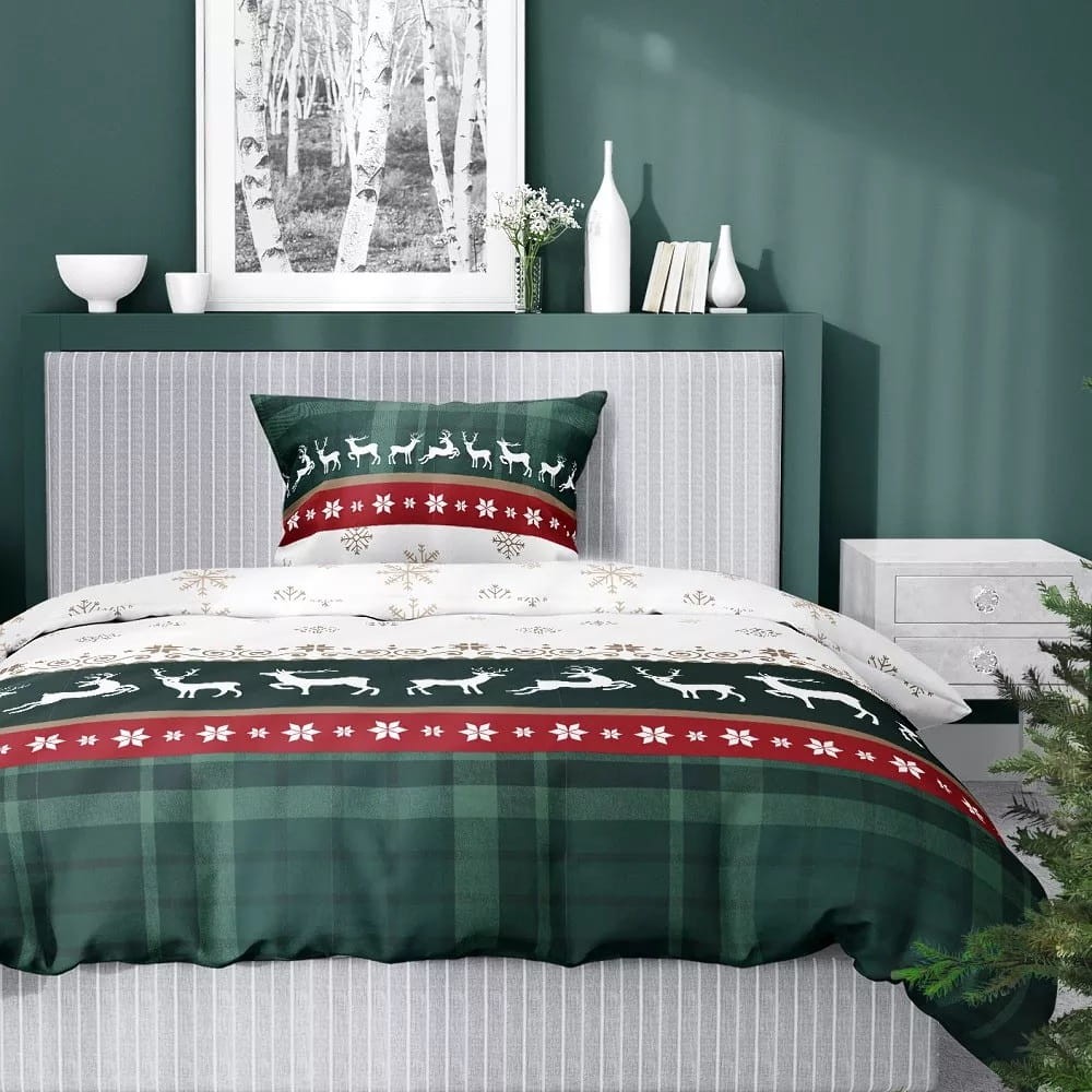 Pościel Świąteczna Satyna Bawełniana 140x200 Renifery Zielona 5228 A