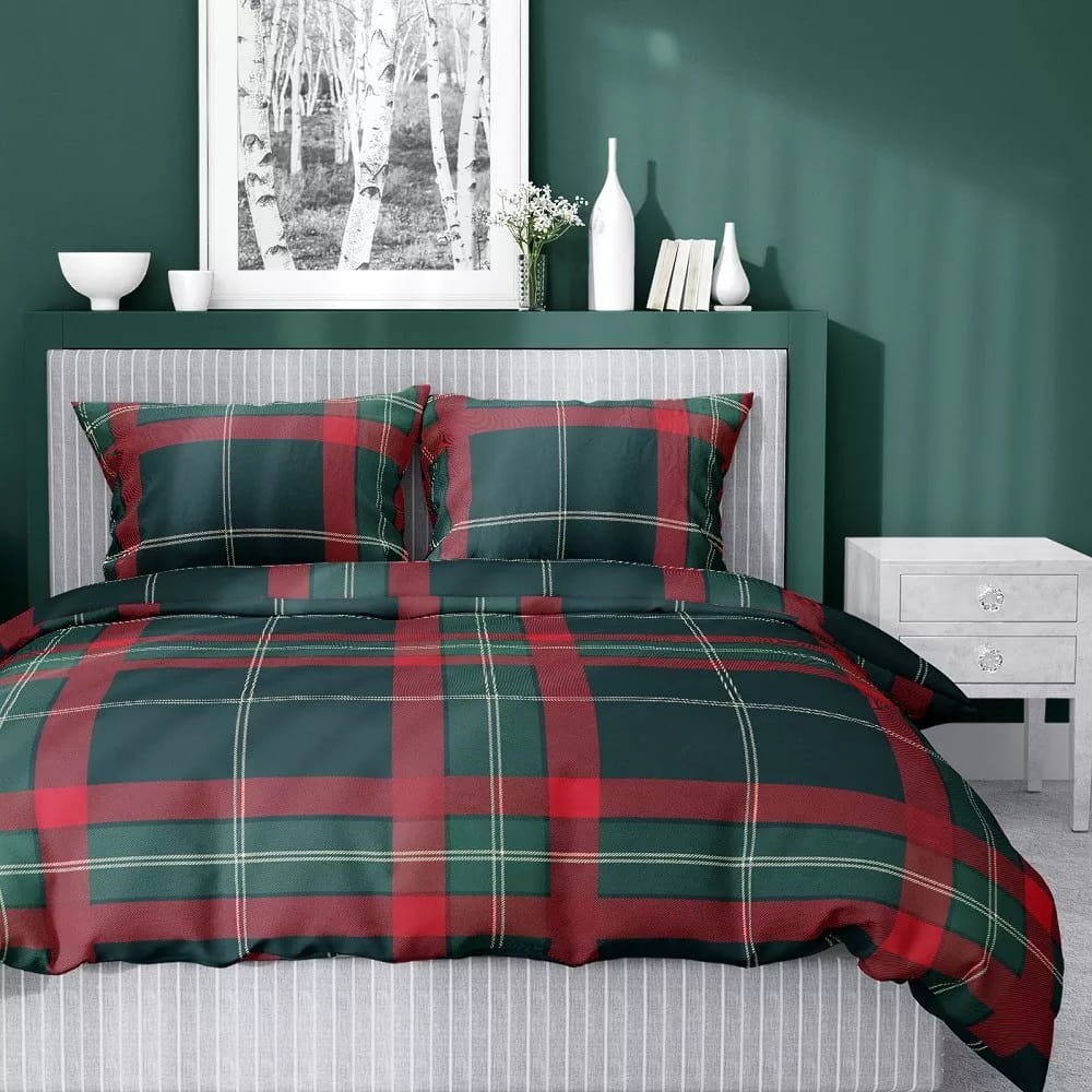 Pościel Świąteczna Satyna Bawełniana 160x200 Kratka Zielona Czerwona 5229 A
